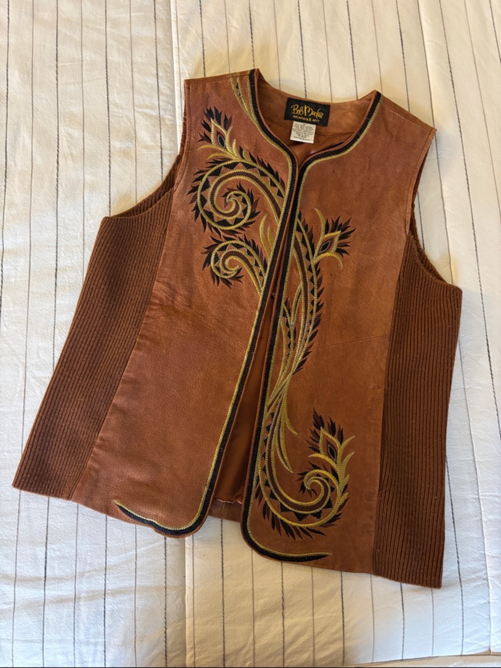 Bob Mackie Brown Suede Embroidered Zip-Front Vest REAL LEATHER
